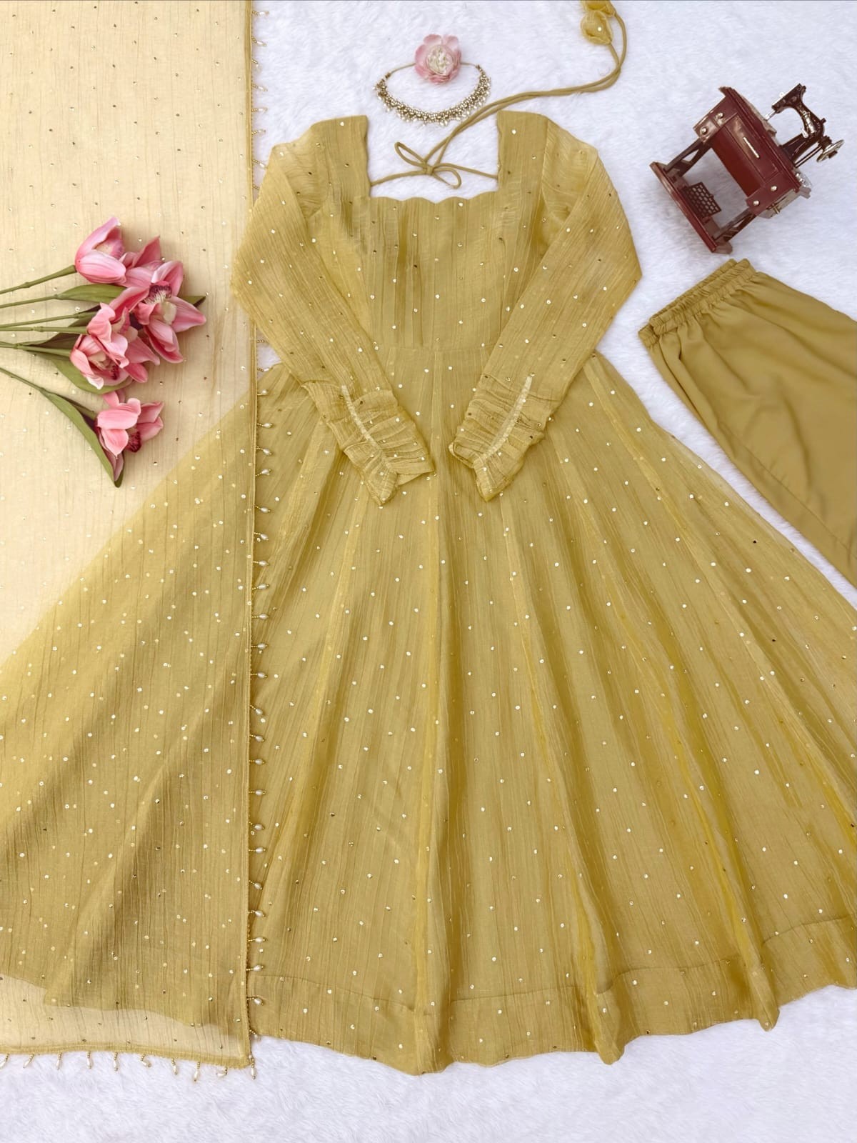 Mustard Gold Foil Work Salsa Silk Straight Salwar Set